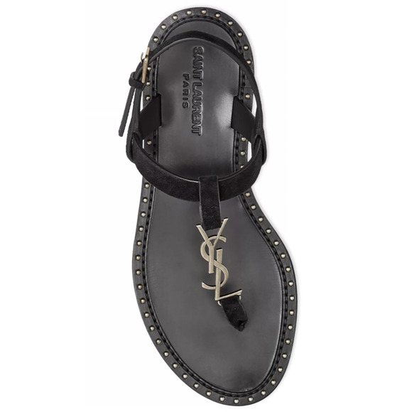 Saint Laurent YSL Logo Iota 05 Black Suede Studded Thong Slide Flat Sandal 37 - Picture 1 of 12